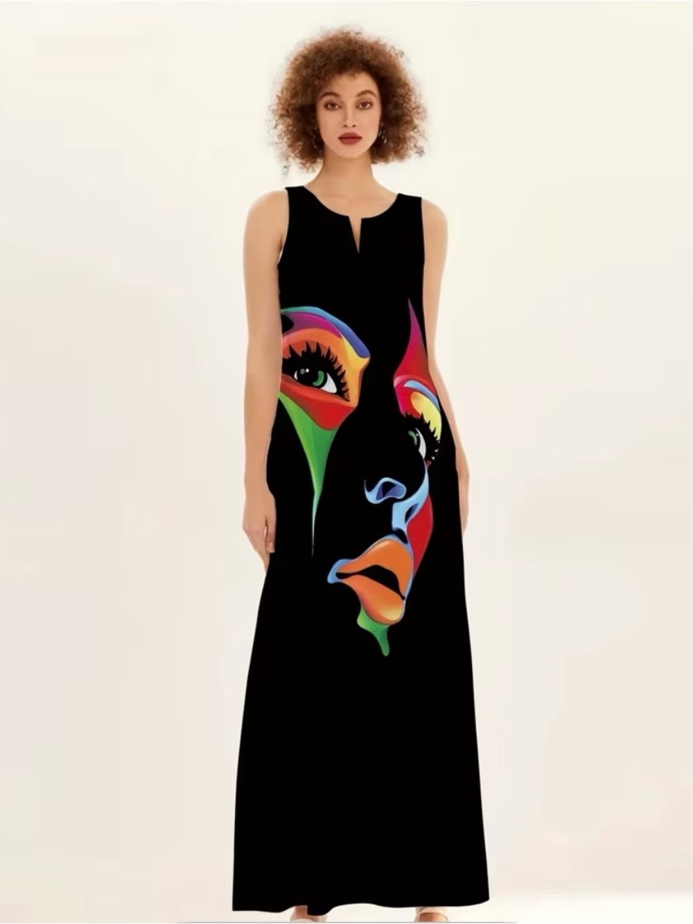 Abstract Art Face Print Maxi Dress with Pockets